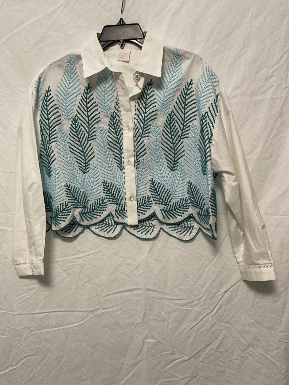 Loretta Caponi Firenze Embroidered Cotton Shirt Size M Scalloped Hem